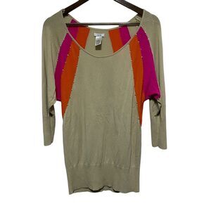 Cache Sweater Women M Tan Colorblock Embellished 3/4 Sleeve LIghtweight Knit Top